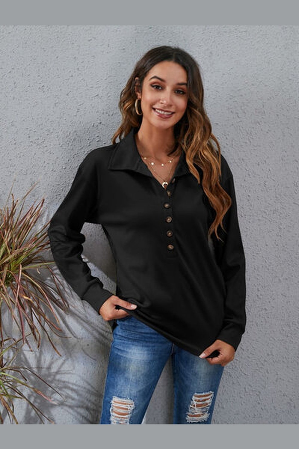 Half Button Dropped Shoulder Blouse