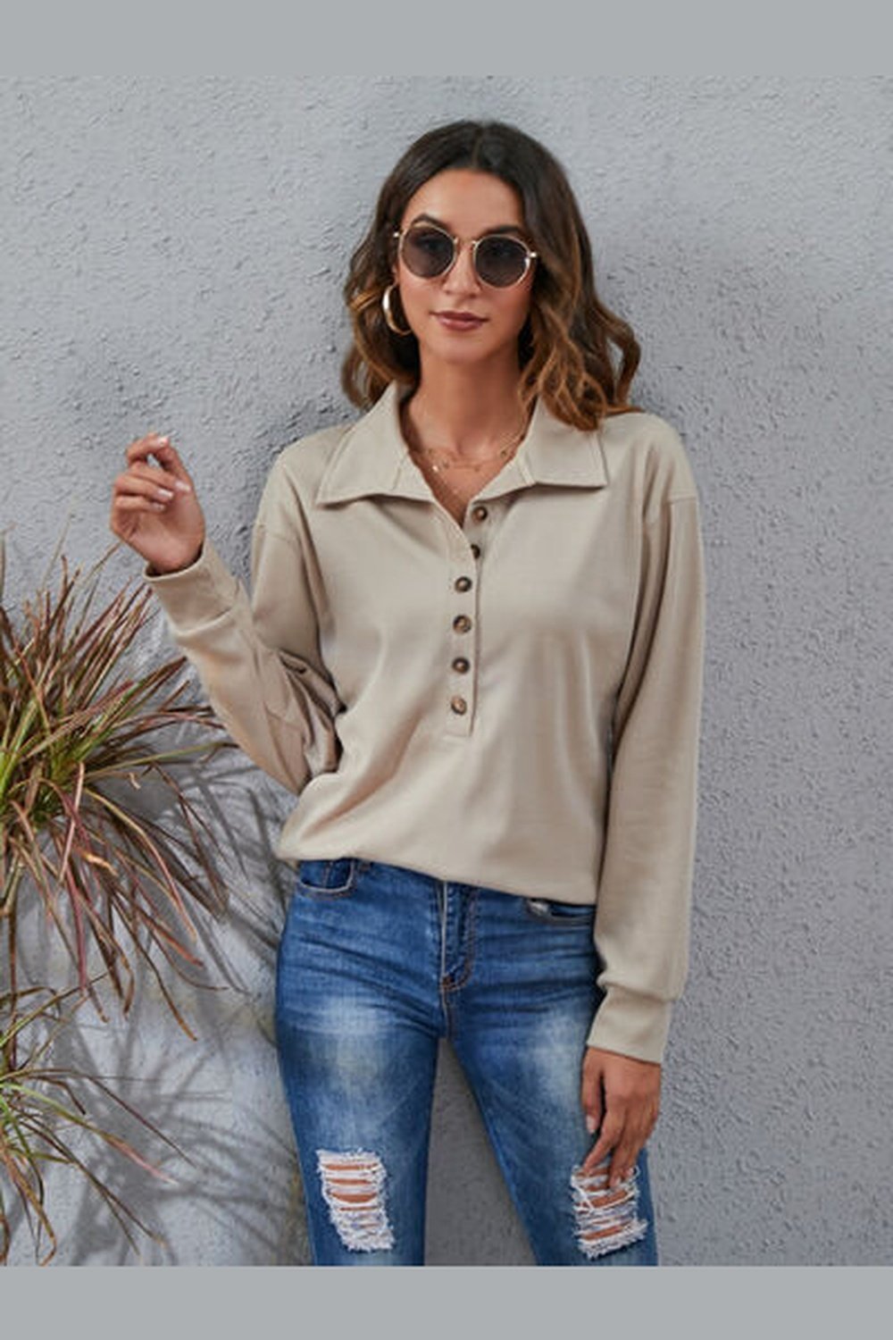 Half Button Dropped Shoulder Blouse