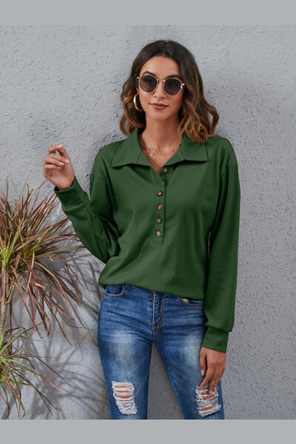 Half Button Dropped Shoulder Blouse