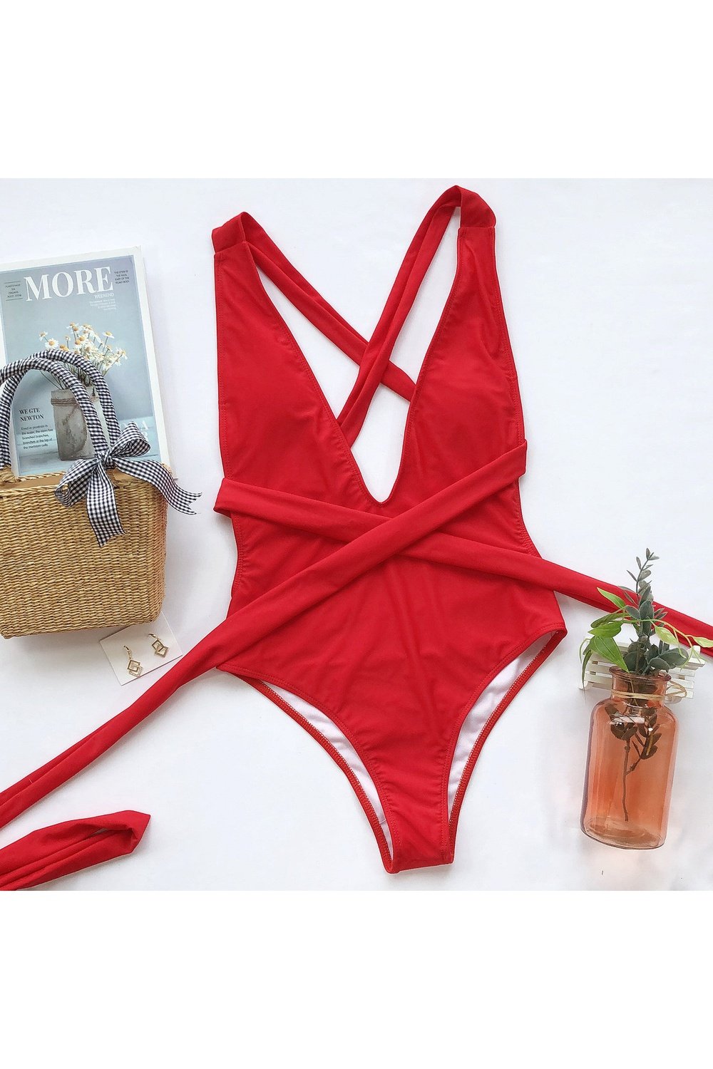 Halter Neck Deep V Tied One-Piece Swimsuit