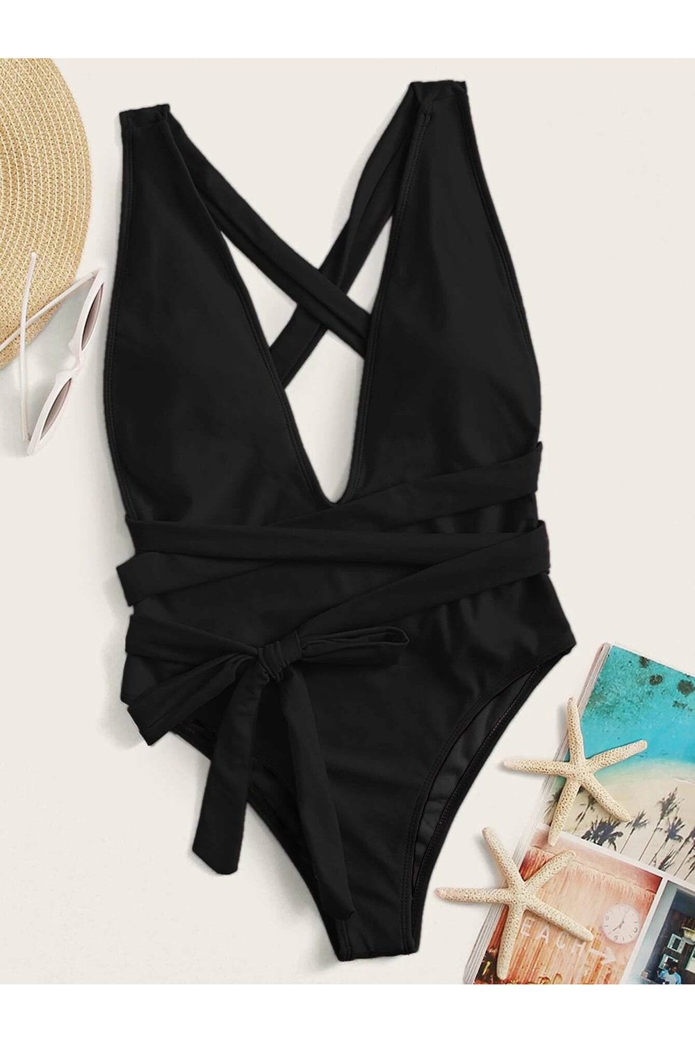 Halter Neck Deep V Tied One-Piece Swimsuit