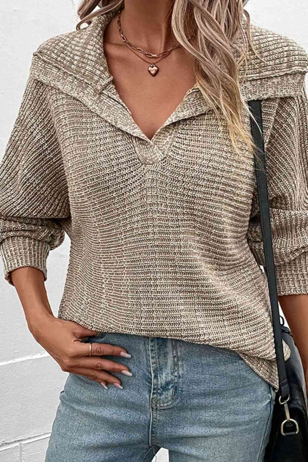 Heathered Horizontal-Ribbing Pullover Sweater