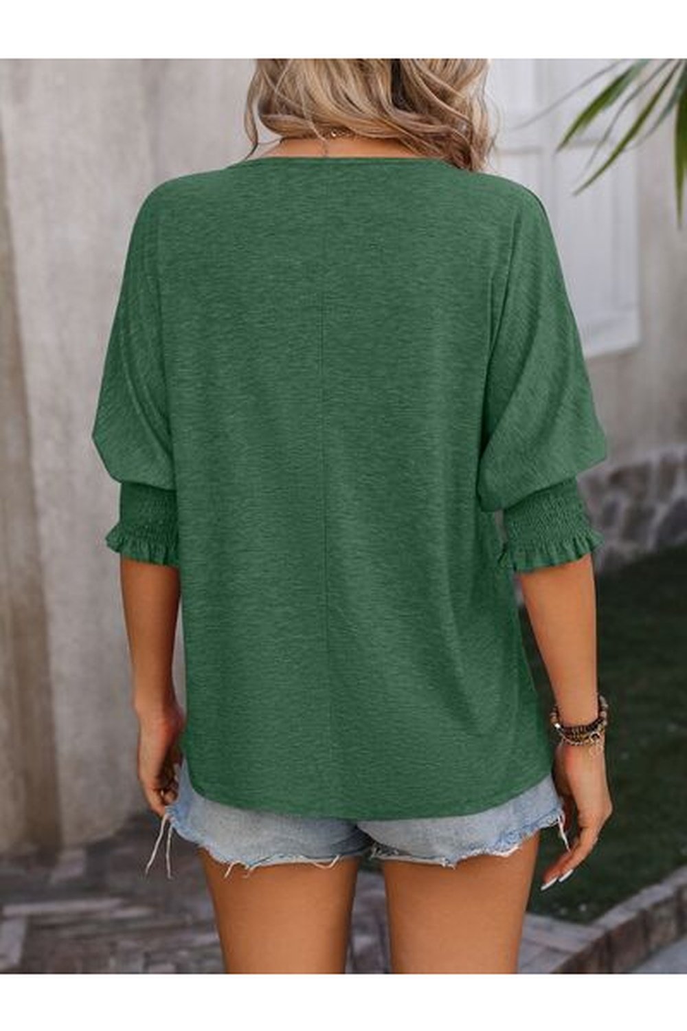 Heathered Notched Lantern Sleeve Blouse