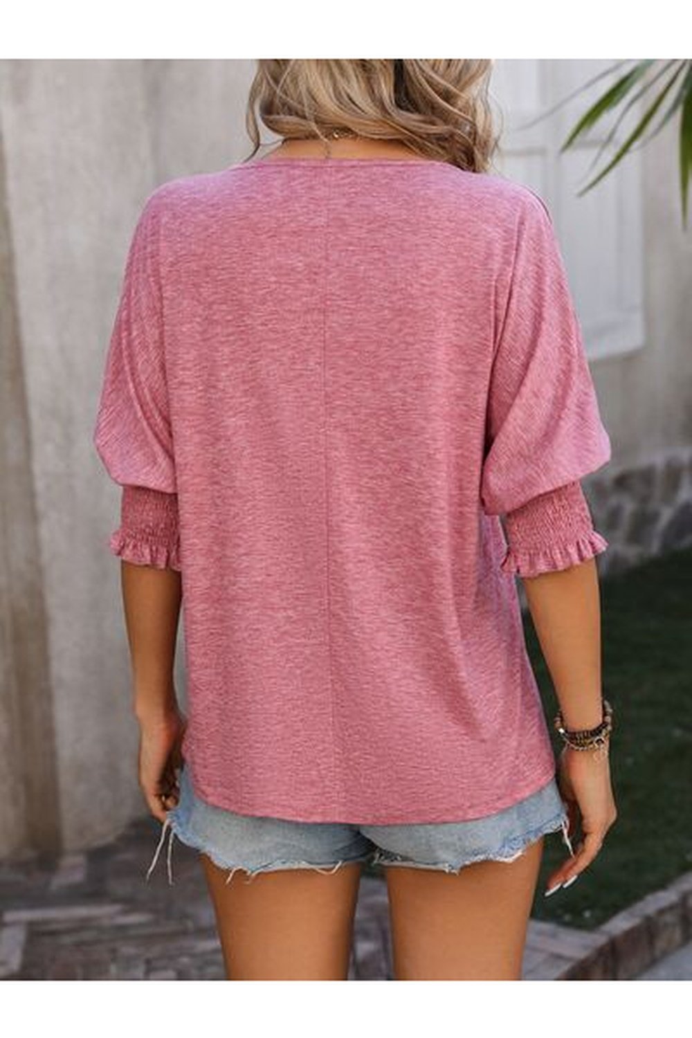 Heathered Notched Lantern Sleeve Blouse