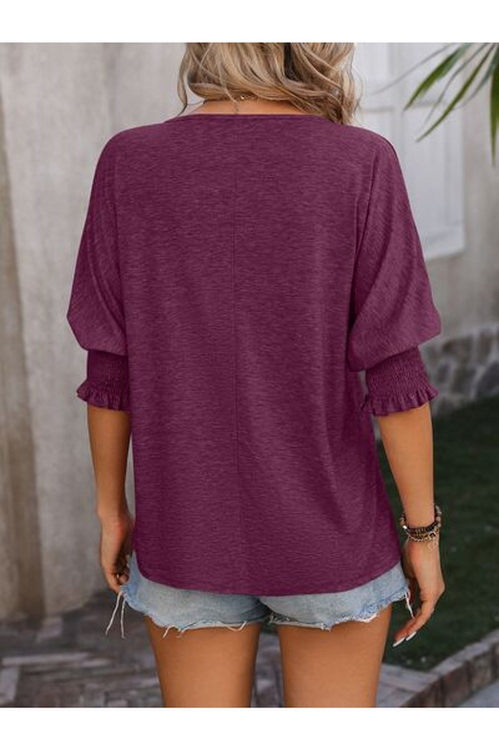 Heathered Notched Lantern Sleeve Blouse