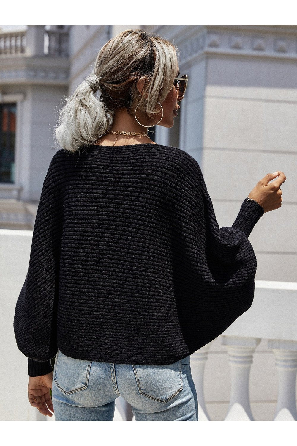 Horizontal Ribbing Dolman Sleeve Sweater