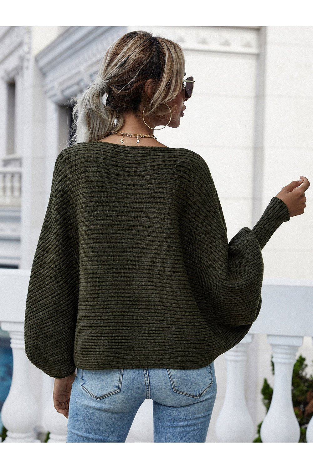 Horizontal Ribbing Dolman Sleeve Sweater