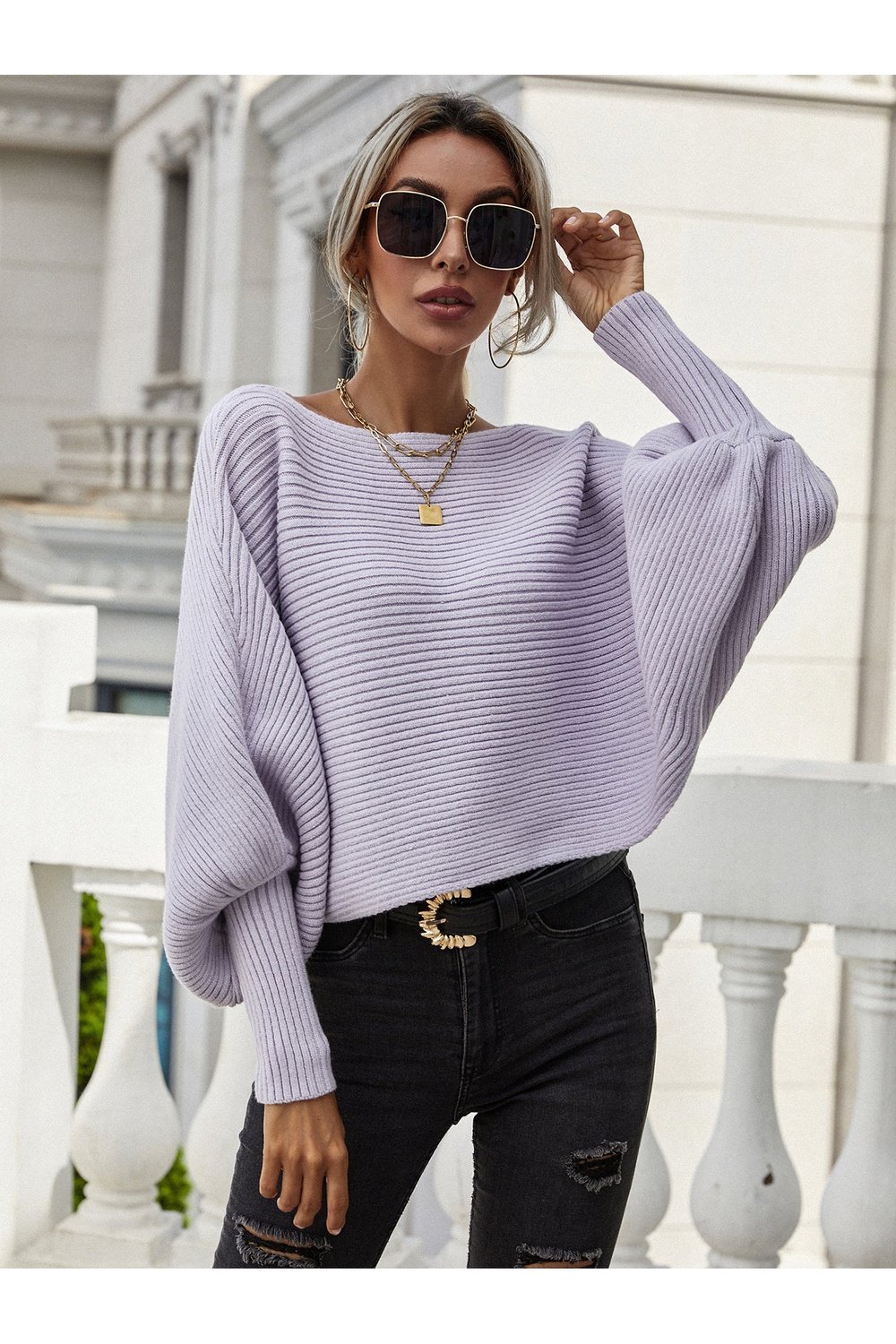 Horizontal Ribbing Dolman Sleeve Sweater