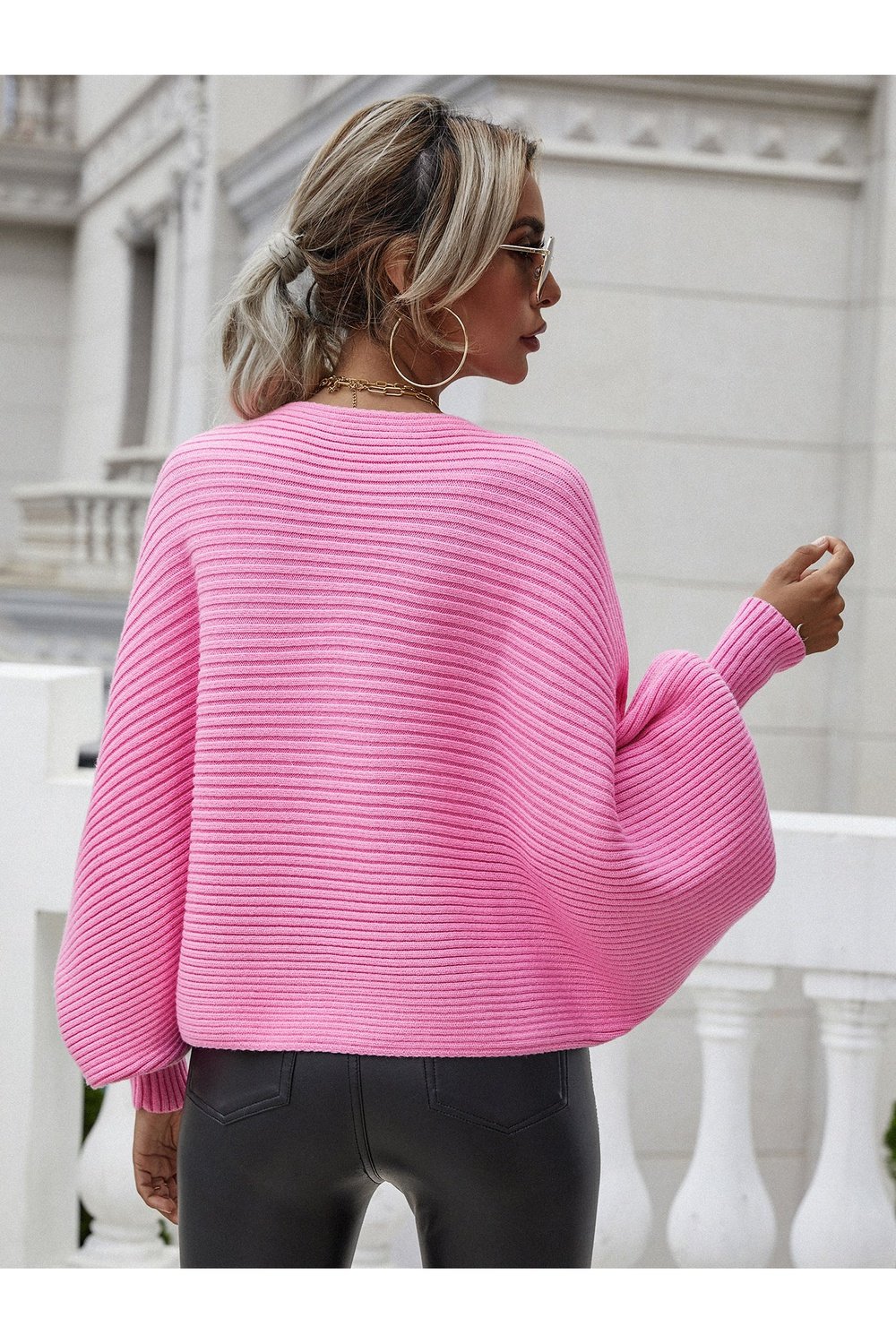 Horizontal Ribbing Dolman Sleeve Sweater