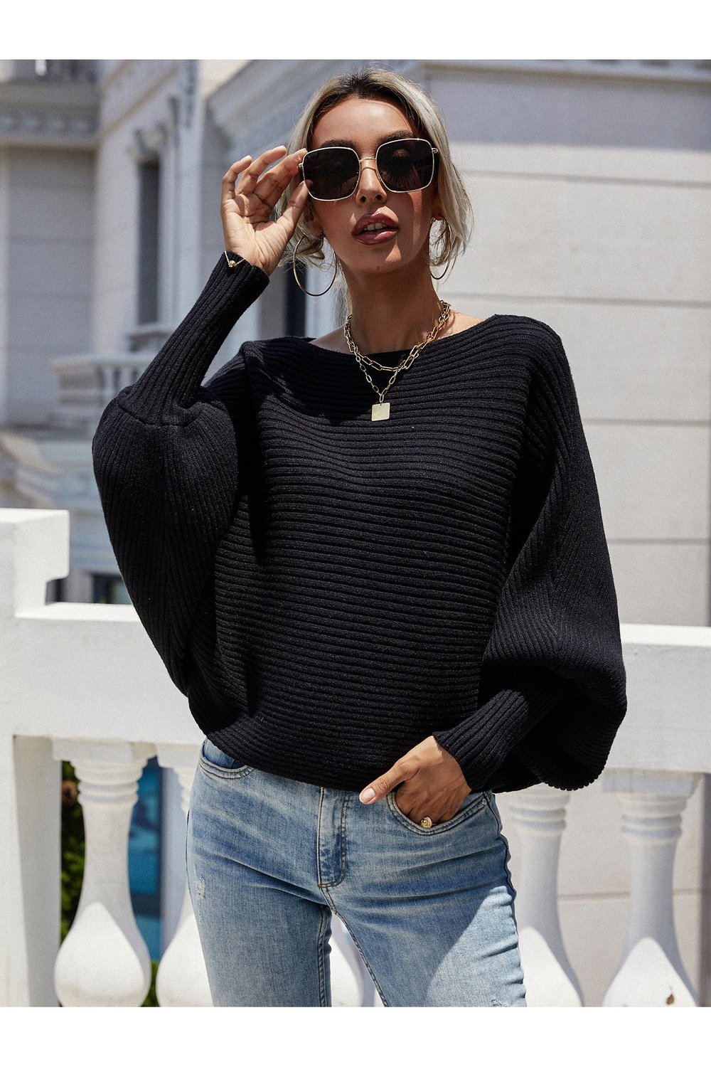 Horizontal Ribbing Dolman Sleeve Sweater