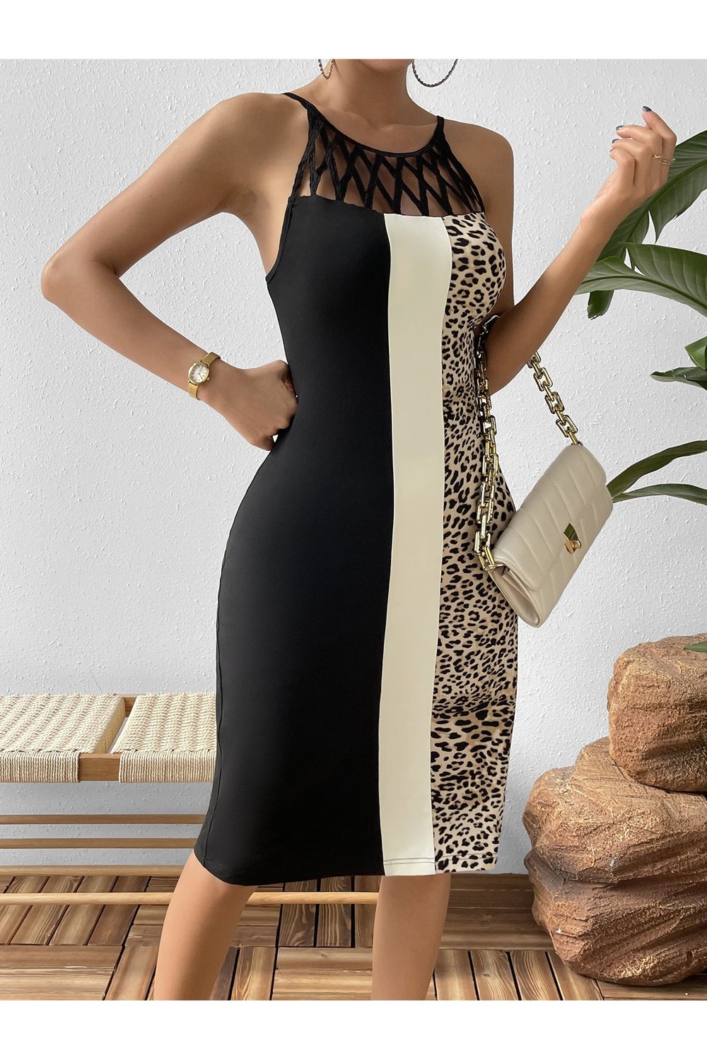 Leopard Color Block Cutout Sleeveless Knee-Length Dress