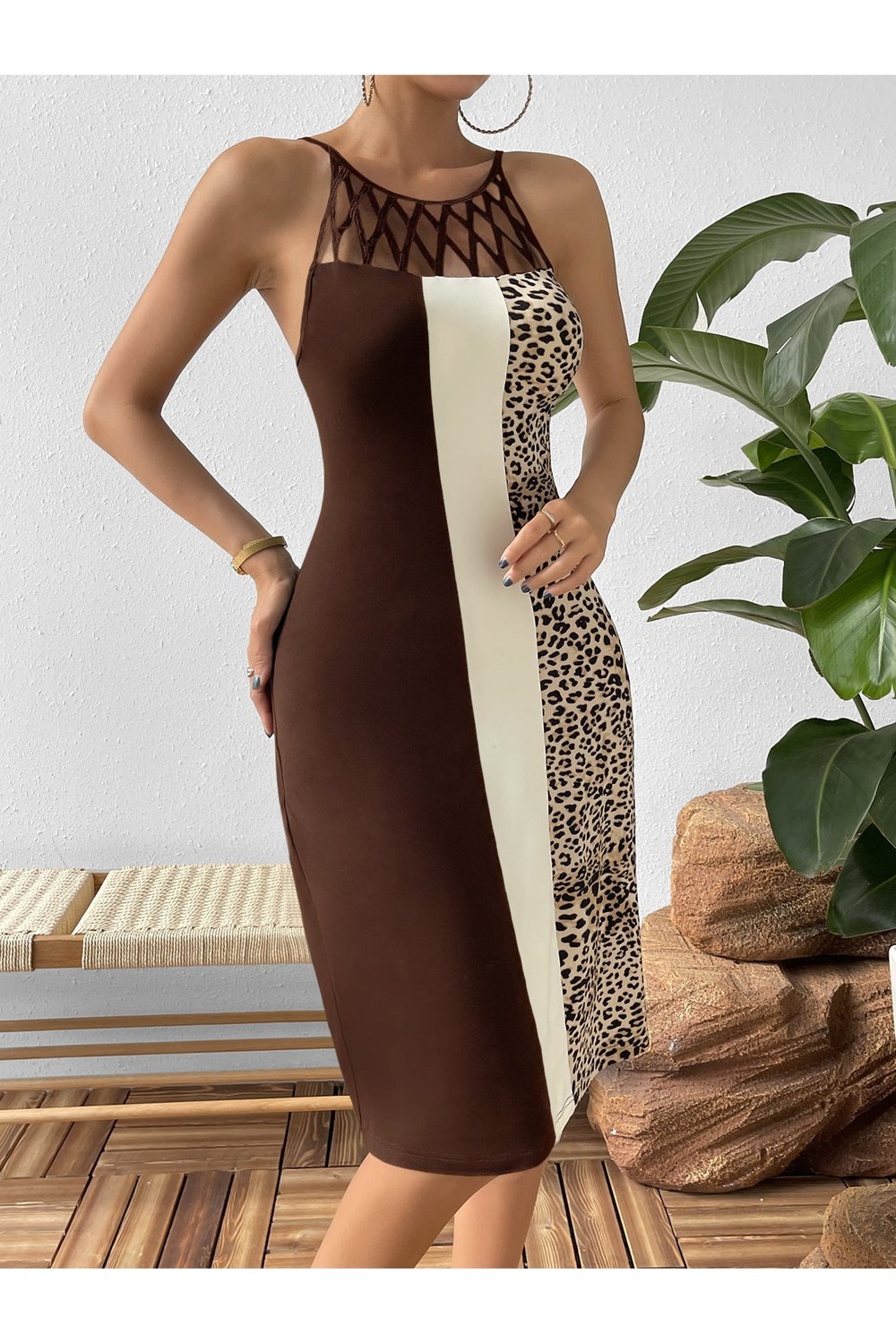 Leopard Color Block Cutout Sleeveless Knee-Length Dress