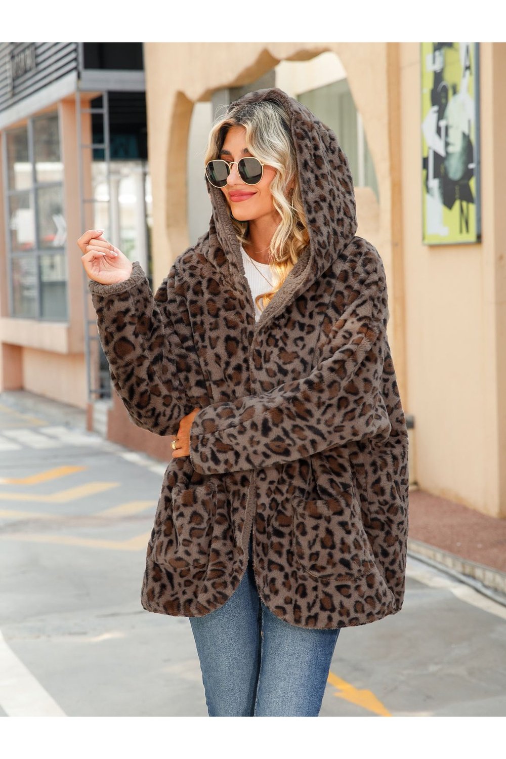 Leopard Hooded Coat with Pockets