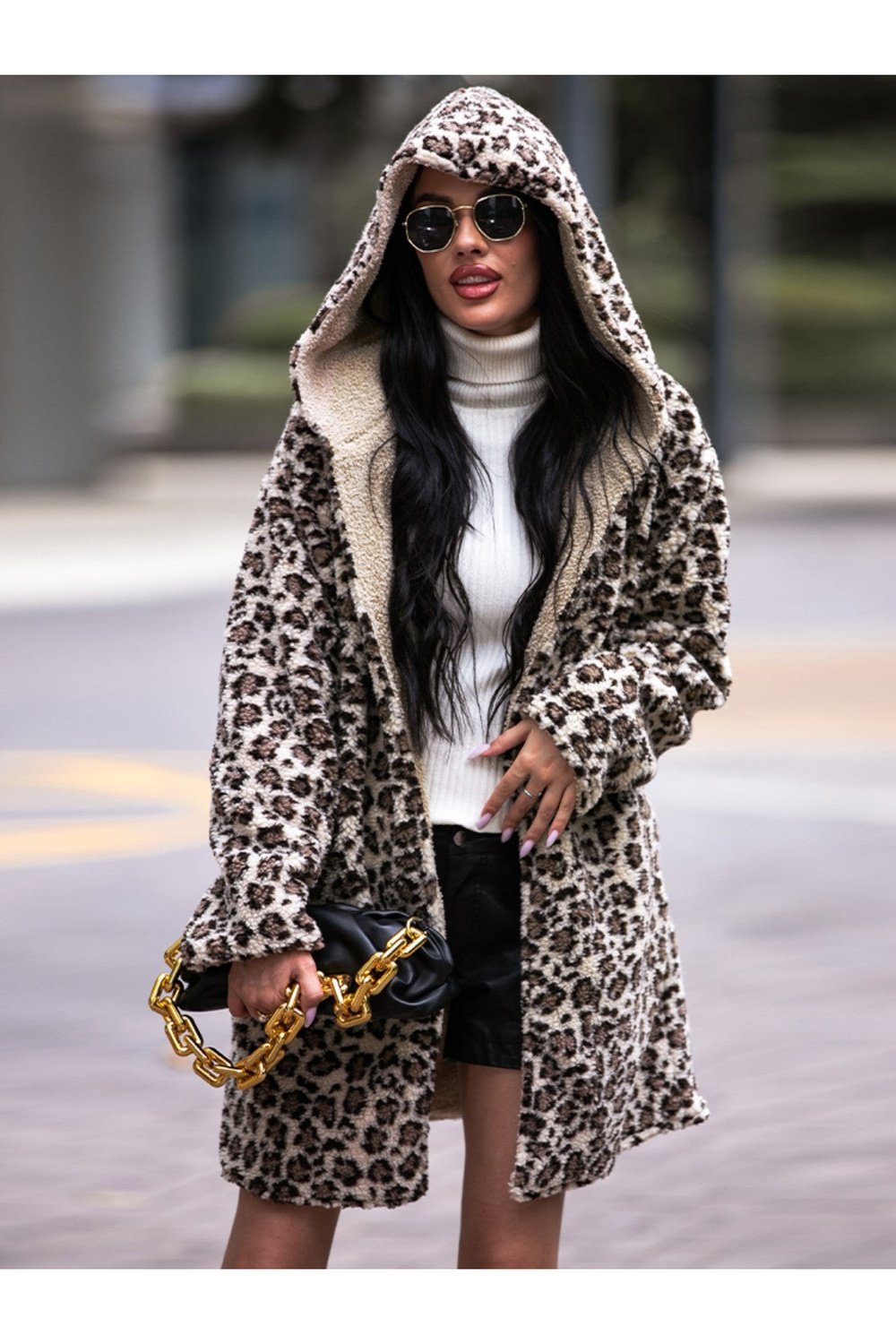 Leopard Hooded Coat with Pockets