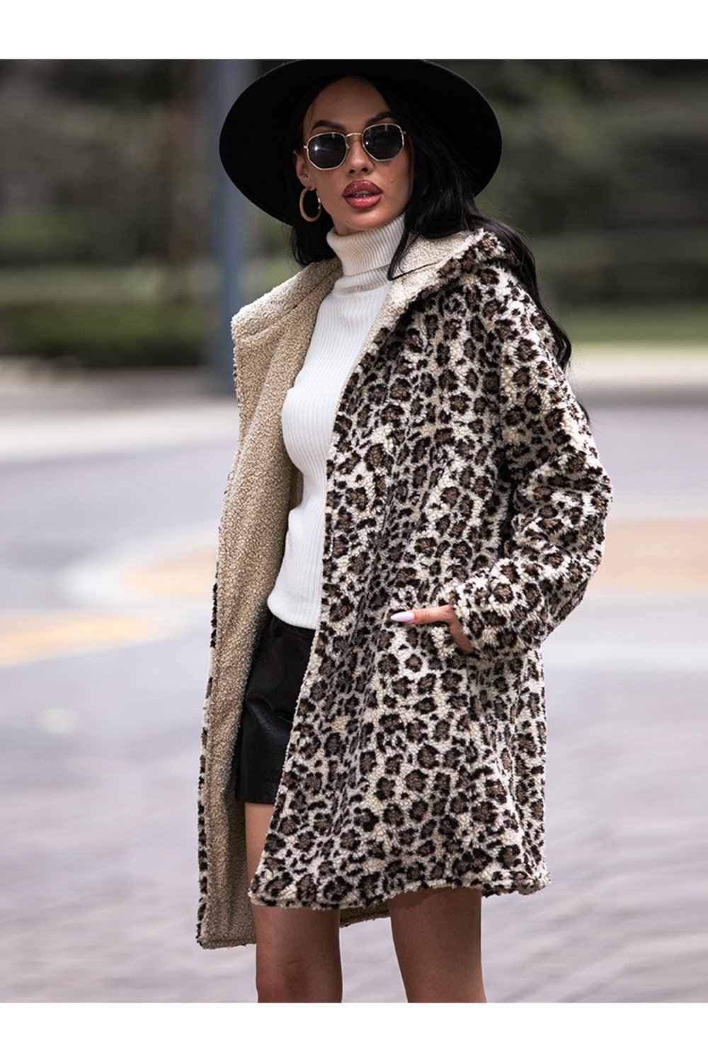 Leopard Hooded Coat with Pockets