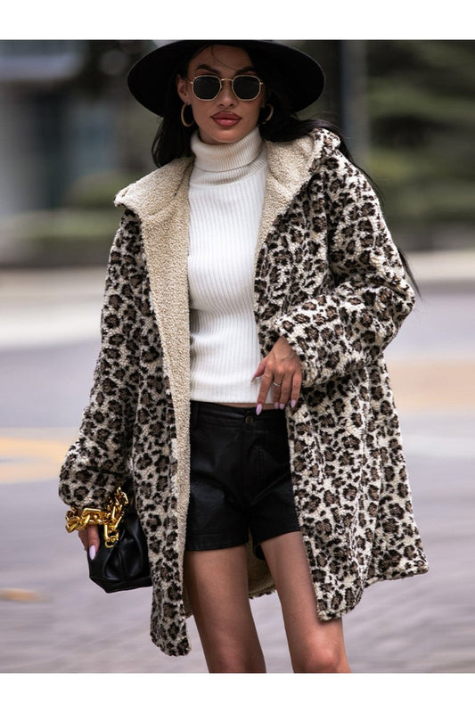 Leopard Hooded Coat with Pockets