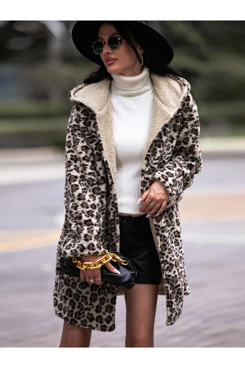 Leopard Hooded Coat with Pockets