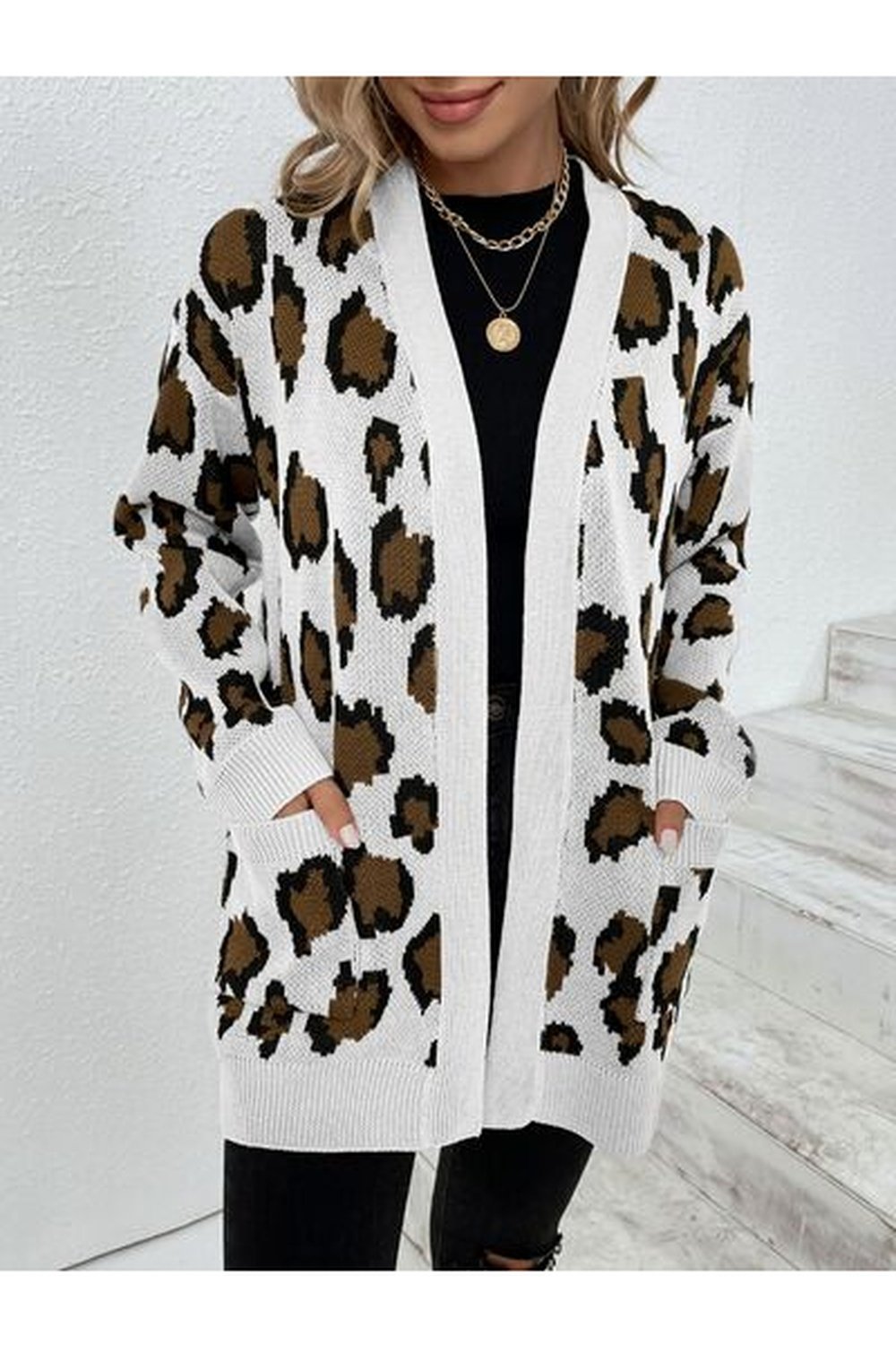 Leopard Open Front Dropped Shoulder Cardigan