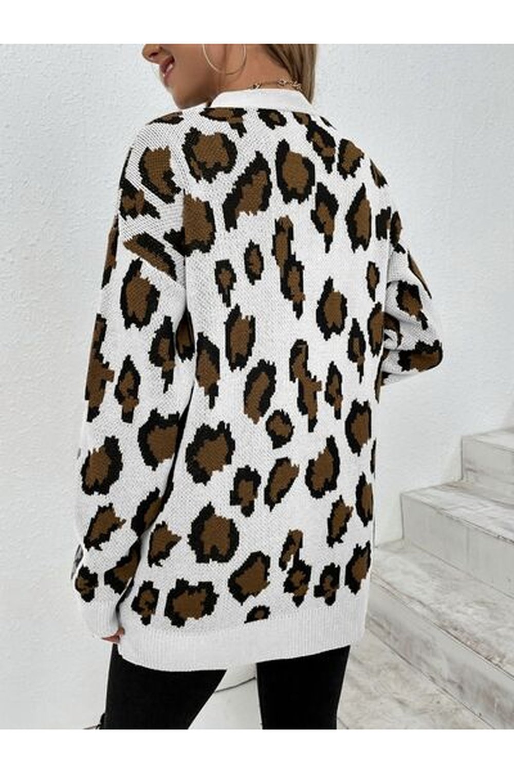 Leopard Open Front Dropped Shoulder Cardigan