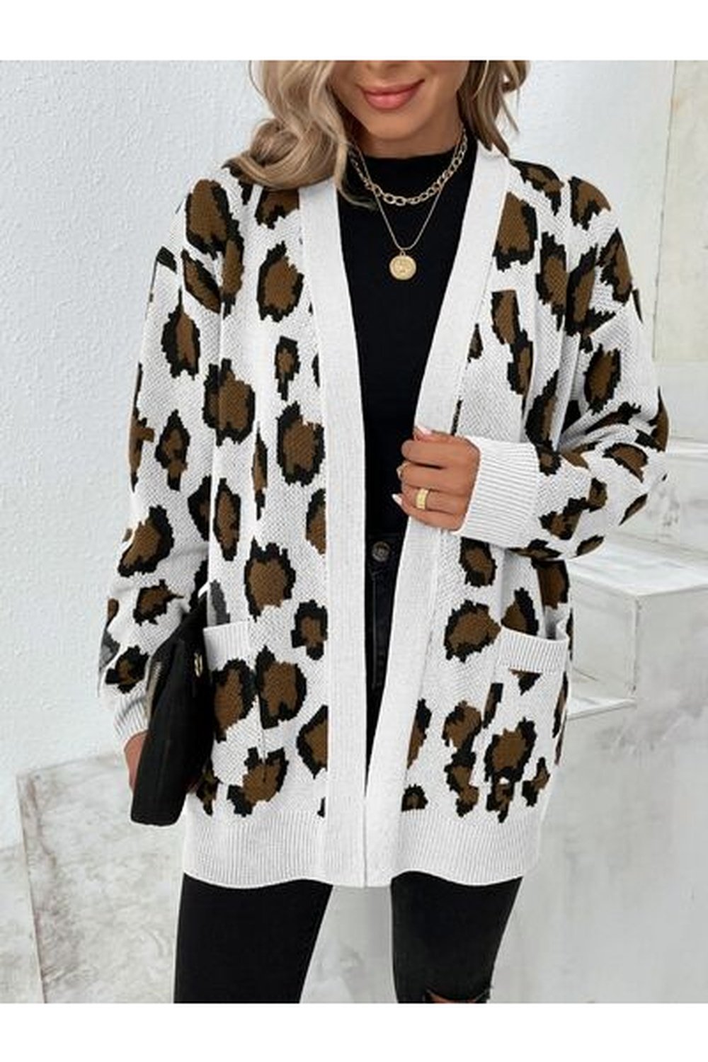 Leopard Open Front Dropped Shoulder Cardigan