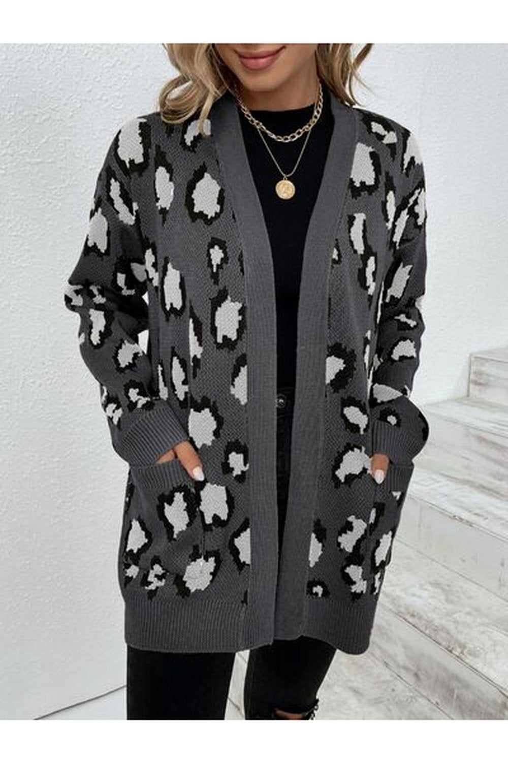 Leopard Open Front Dropped Shoulder Cardigan