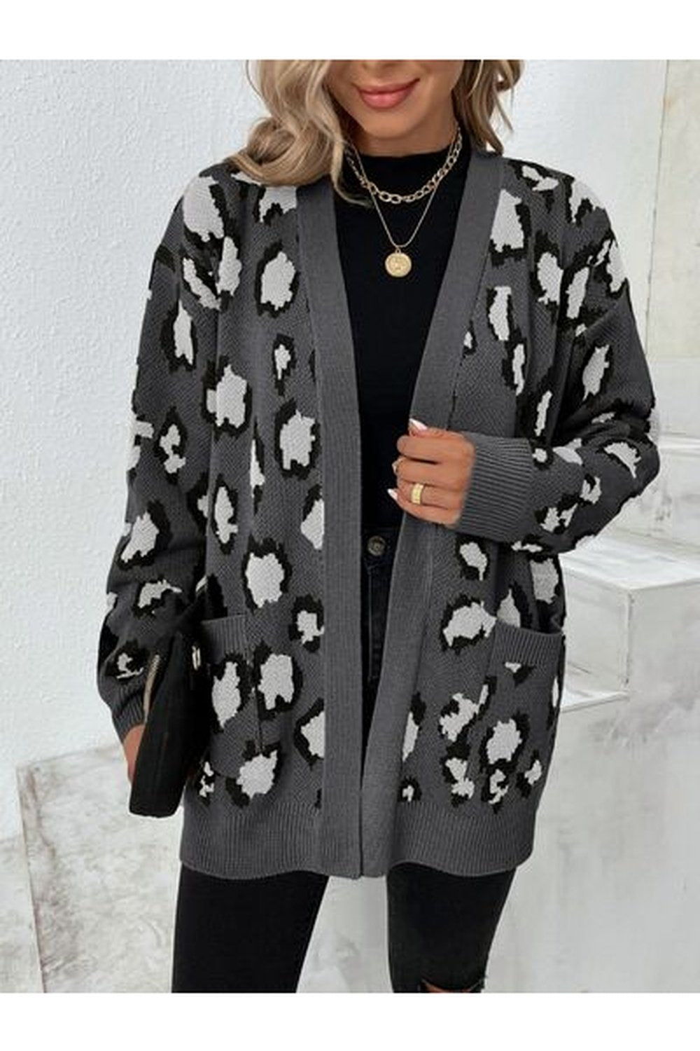 Leopard Open Front Dropped Shoulder Cardigan