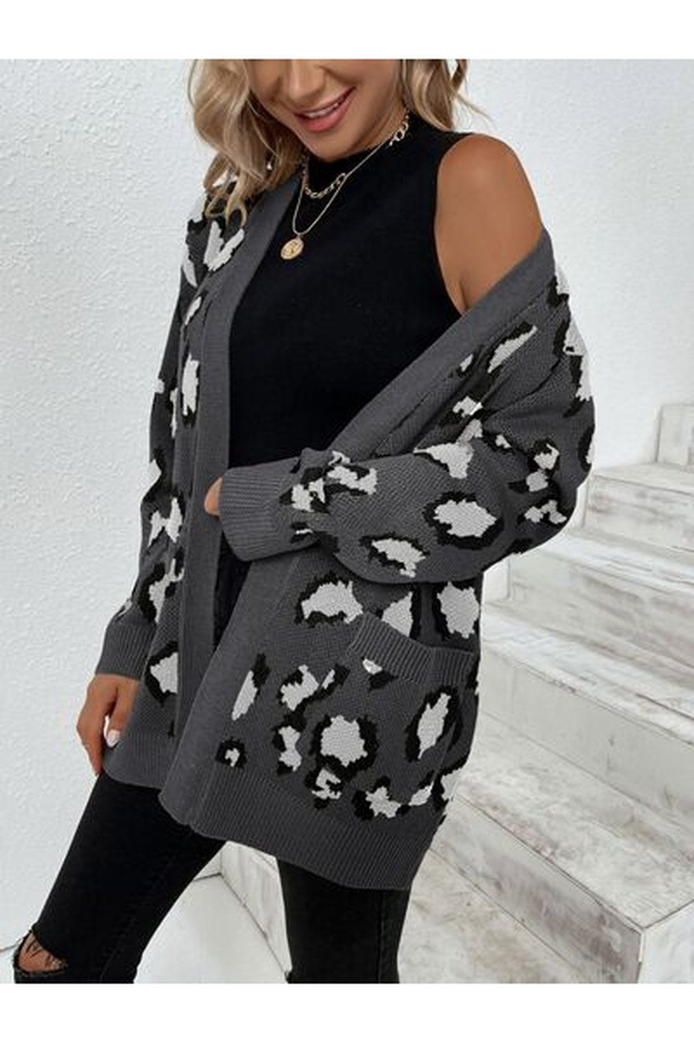 Leopard Open Front Dropped Shoulder Cardigan