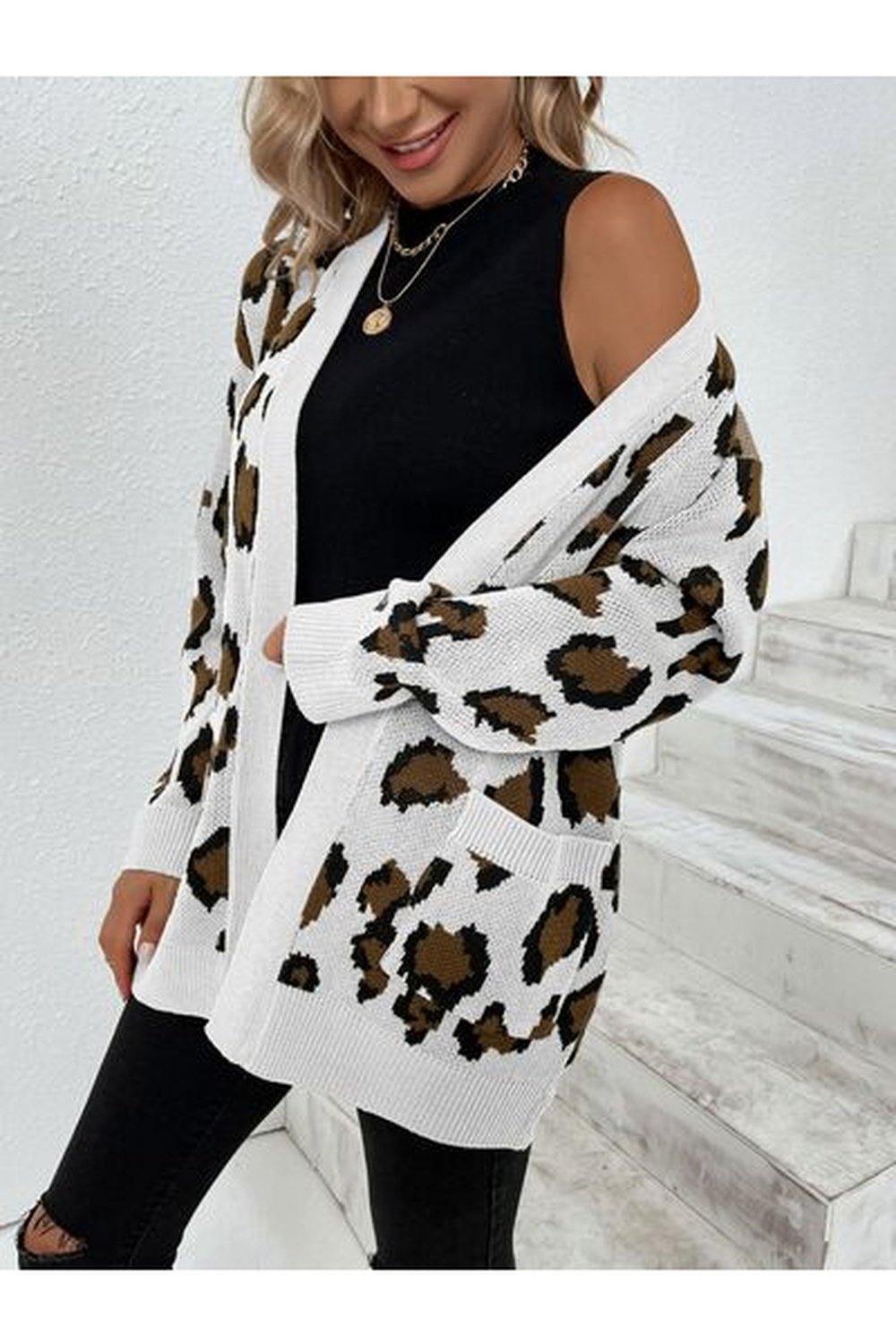 Leopard Open Front Dropped Shoulder Cardigan