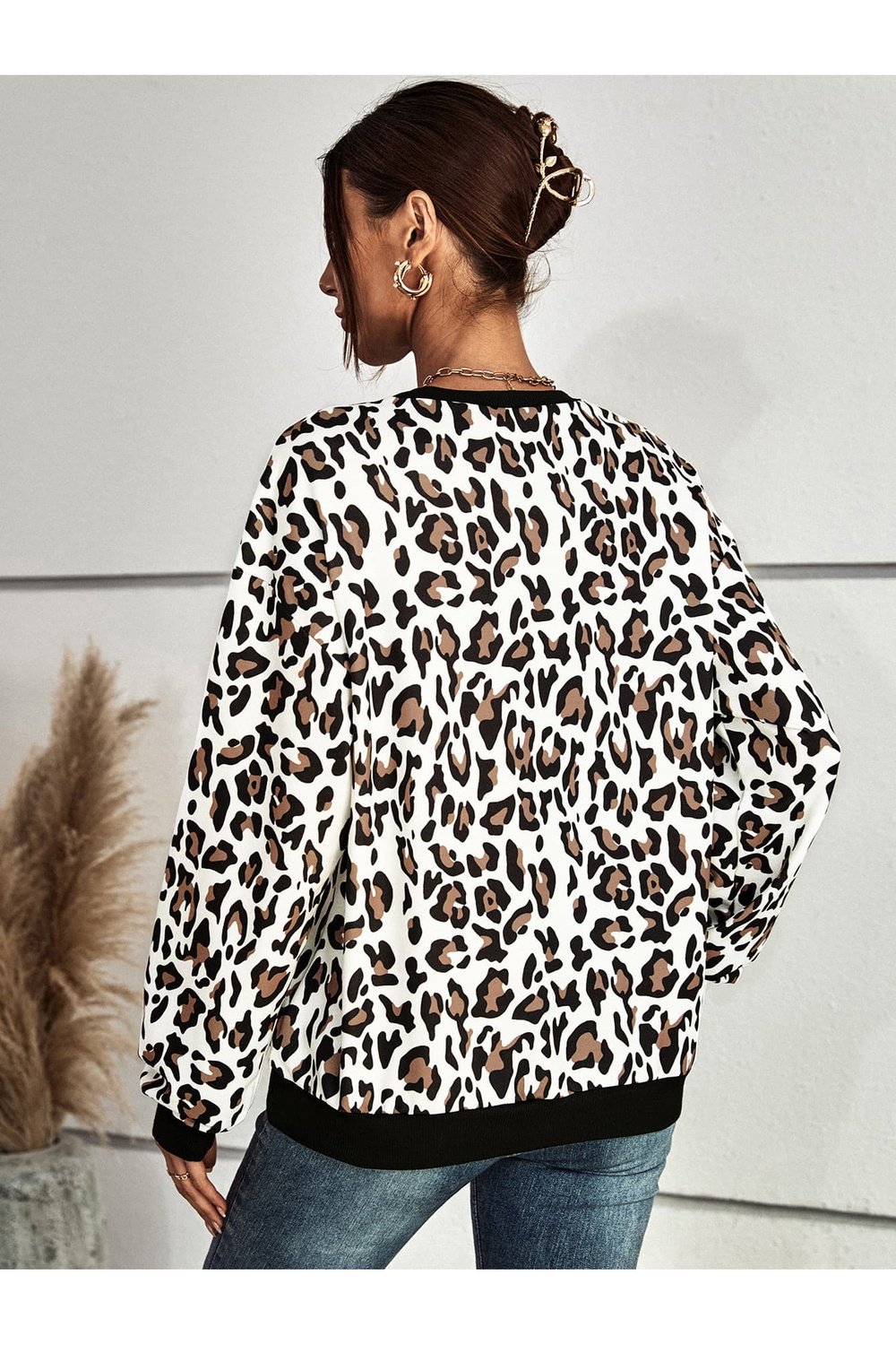 Leopard Round Neck Dropped Shoulder Sweatshirt