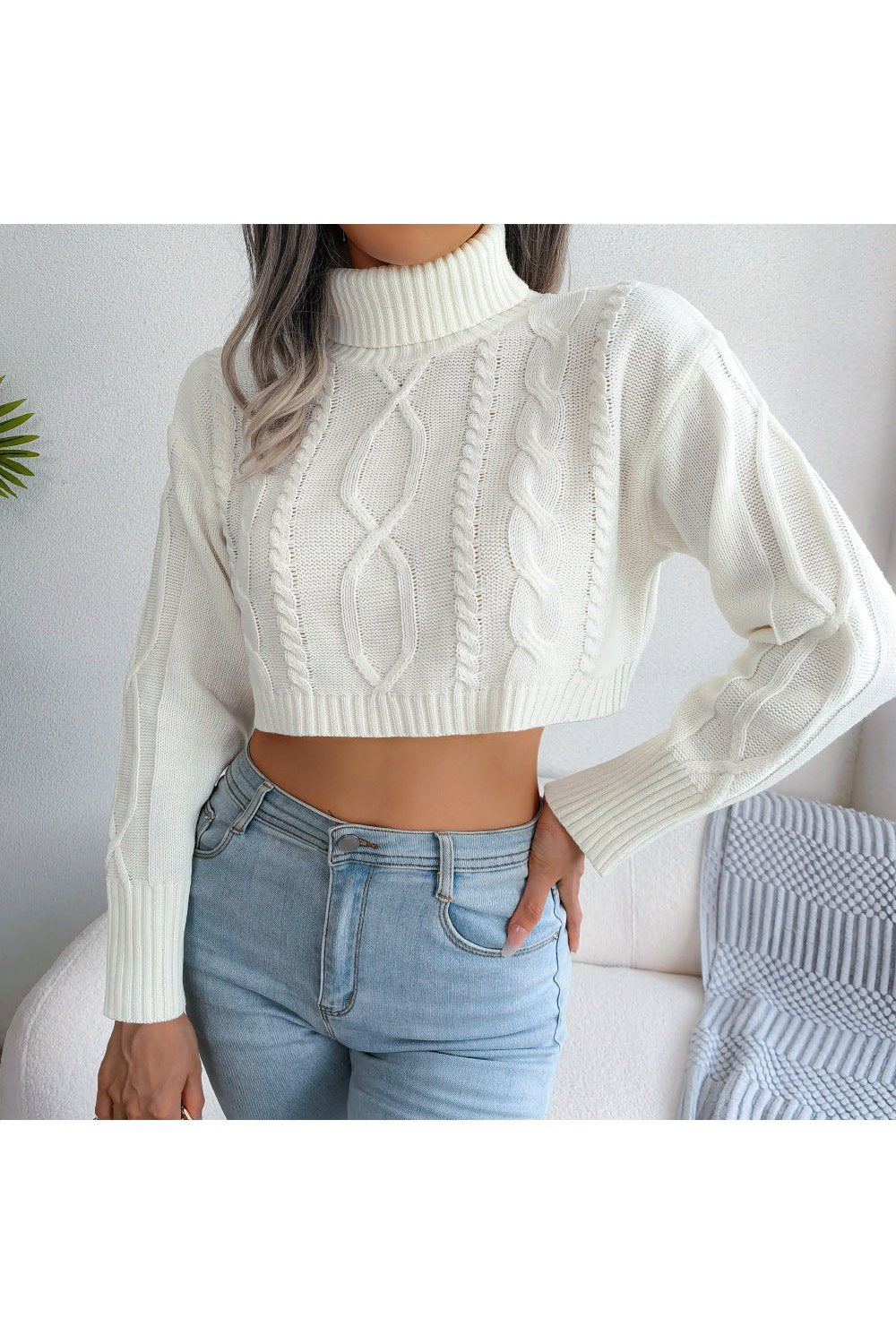 Mixed Knit Turtleneck Cropped Sweater