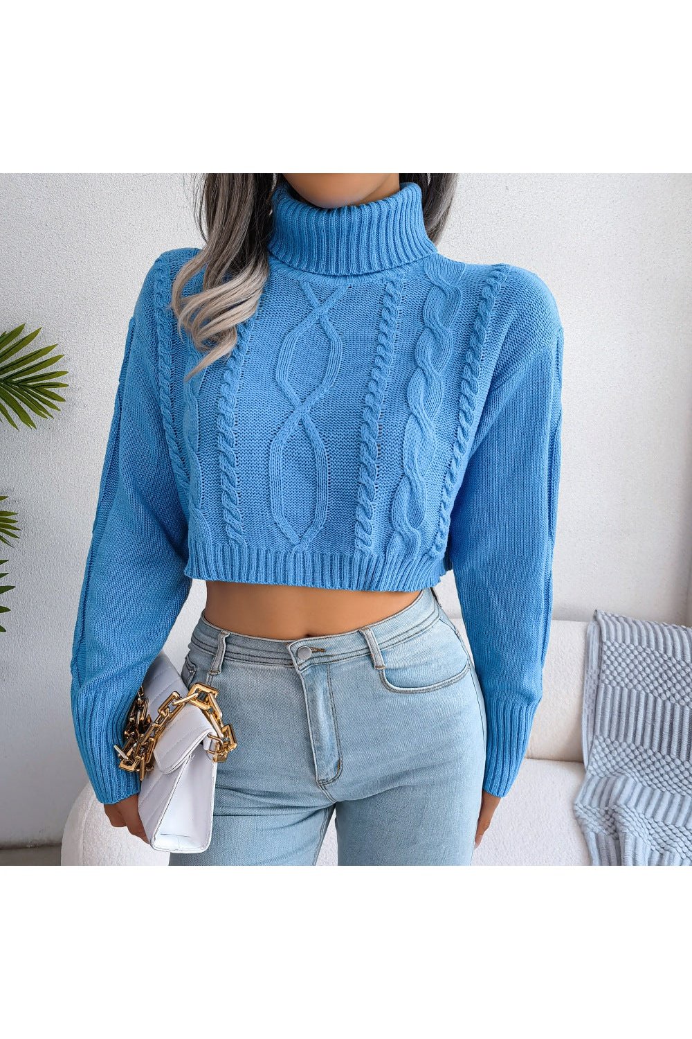 Mixed Knit Turtleneck Cropped Sweater