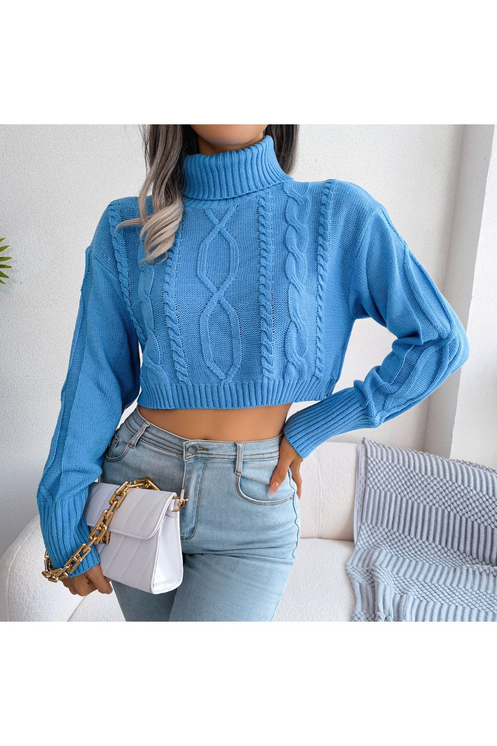 Mixed Knit Turtleneck Cropped Sweater