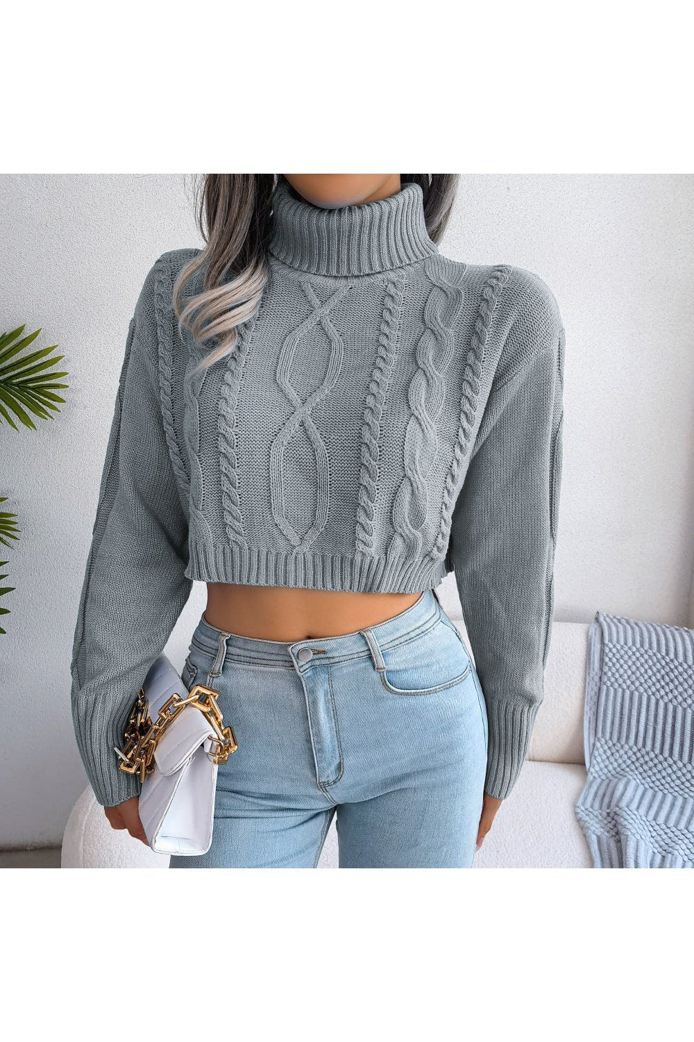 Mixed Knit Turtleneck Cropped Sweater