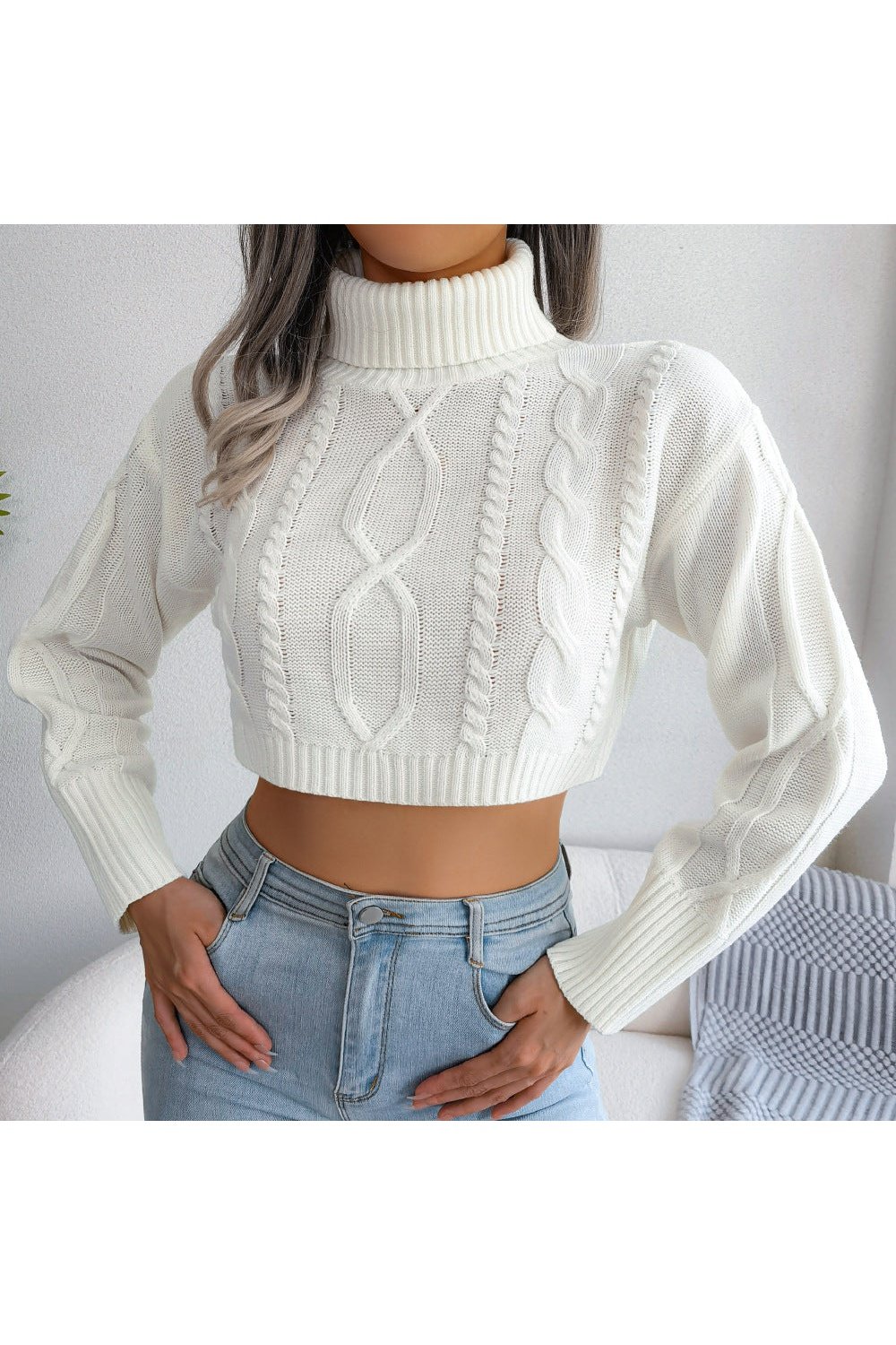 Mixed Knit Turtleneck Cropped Sweater