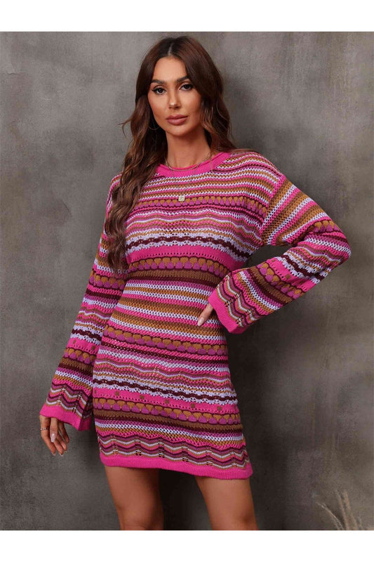 Multicolored Stripe Dropped Shoulder Sweater Dress