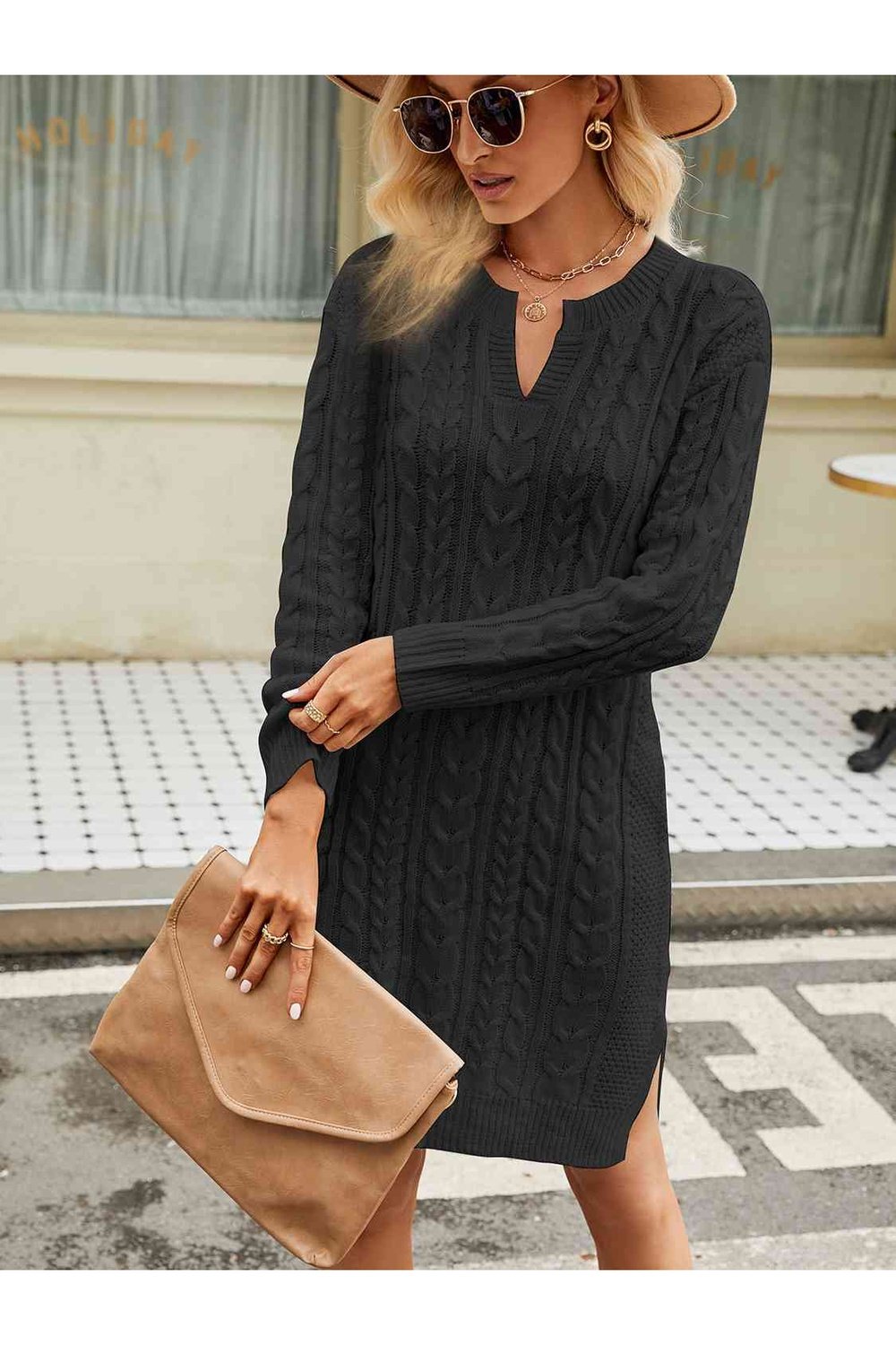 Notched Neck Cable-Knit Slit Sweater Dress