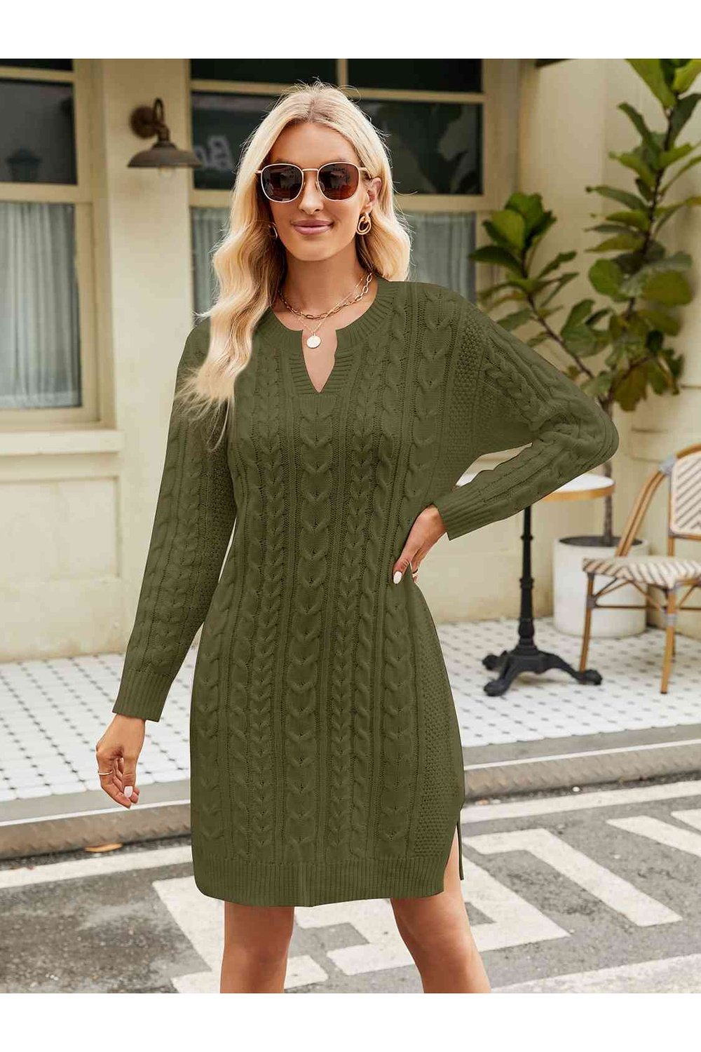 Notched Neck Cable-Knit Slit Sweater Dress