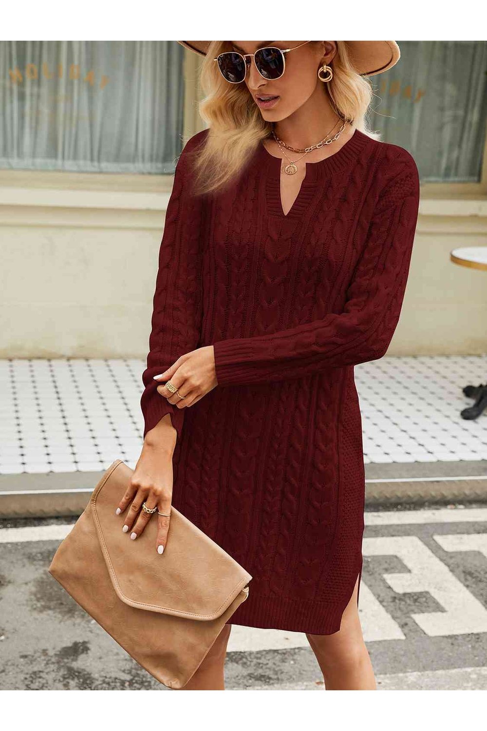 Notched Neck Cable-Knit Slit Sweater Dress