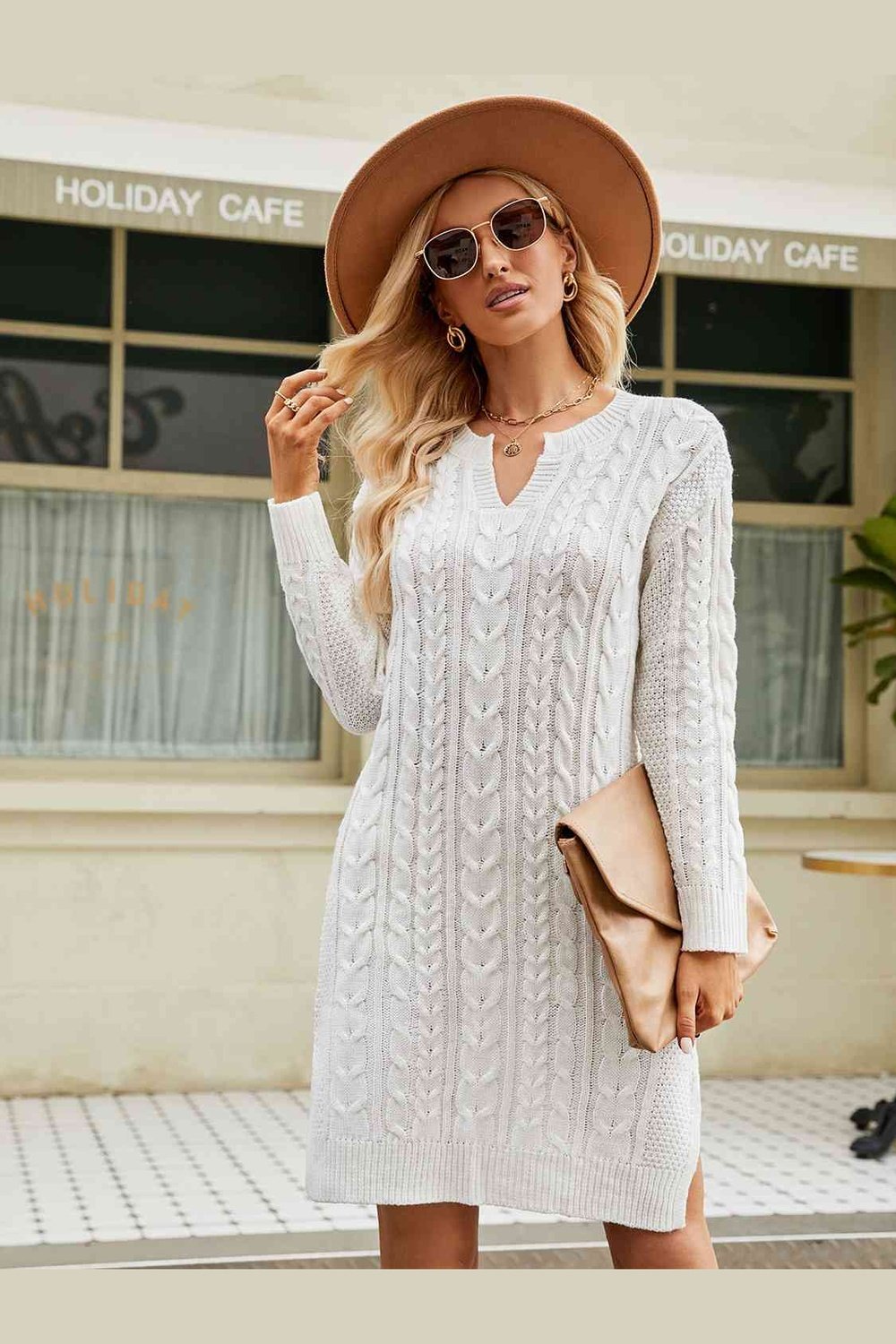 Notched Neck Cable-Knit Slit Sweater Dress