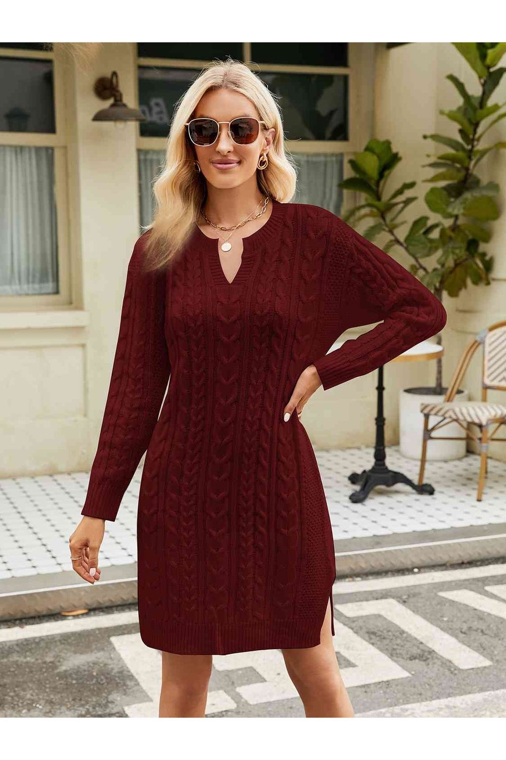 Notched Neck Cable-Knit Slit Sweater Dress