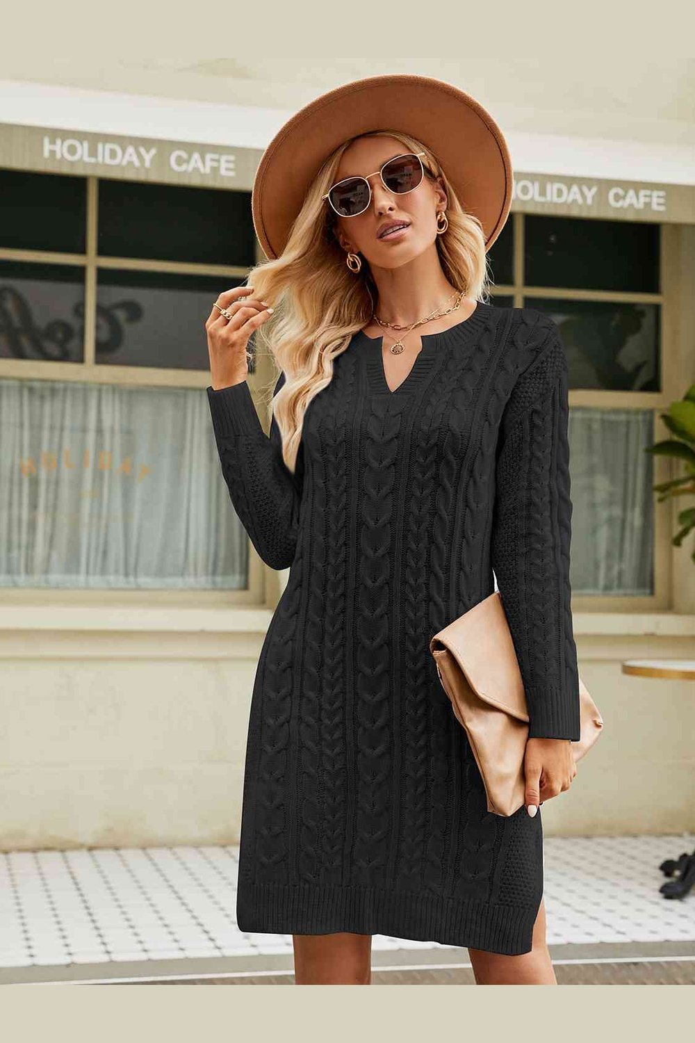 Notched Neck Cable-Knit Slit Sweater Dress