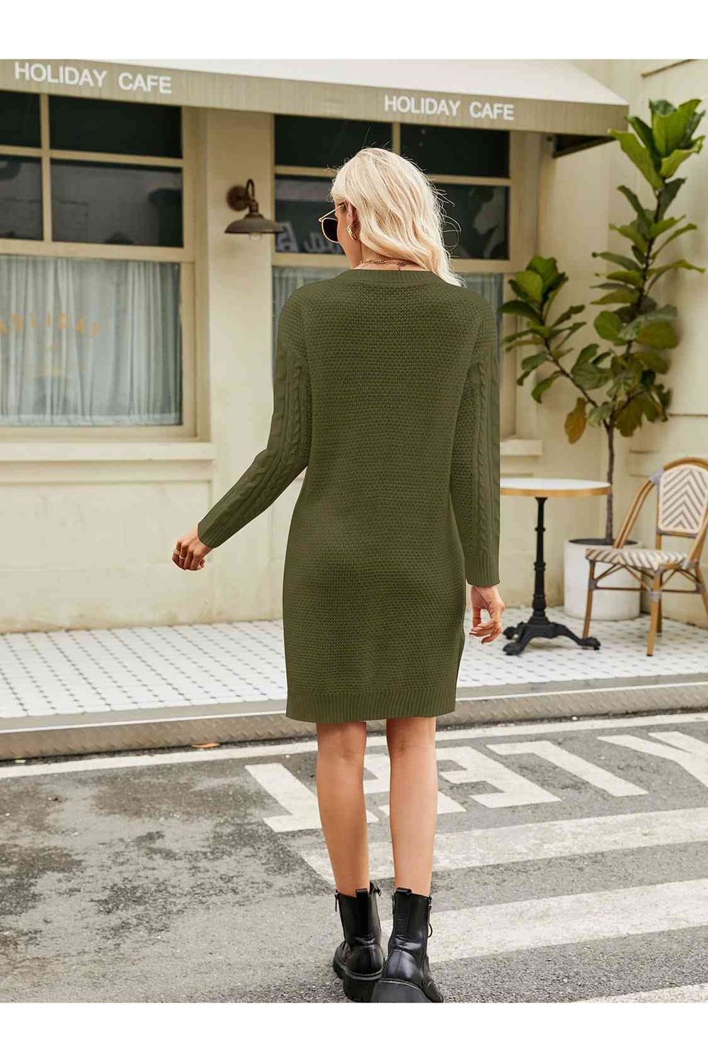 Notched Neck Cable-Knit Slit Sweater Dress