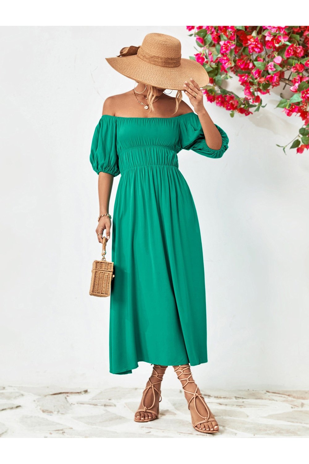 Off-Shoulder Balloon Sleeve Midi Dress