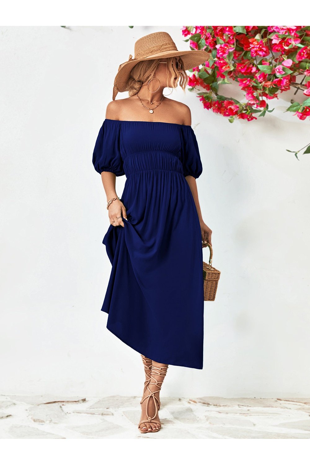 Off-Shoulder Balloon Sleeve Midi Dress