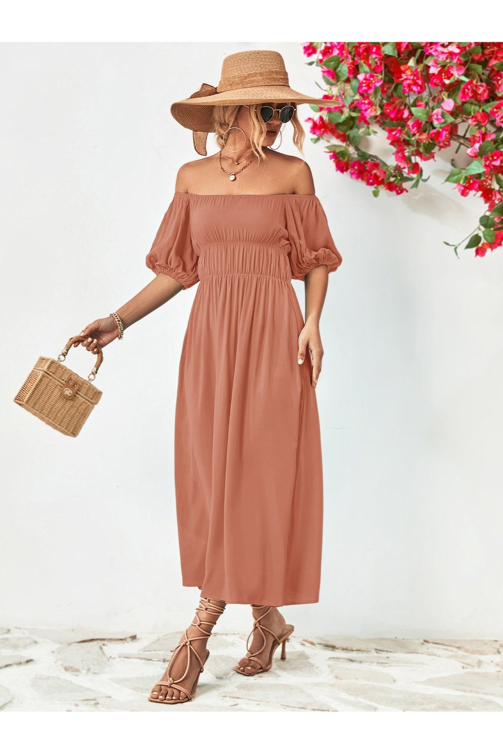 Off-Shoulder Balloon Sleeve Midi Dress