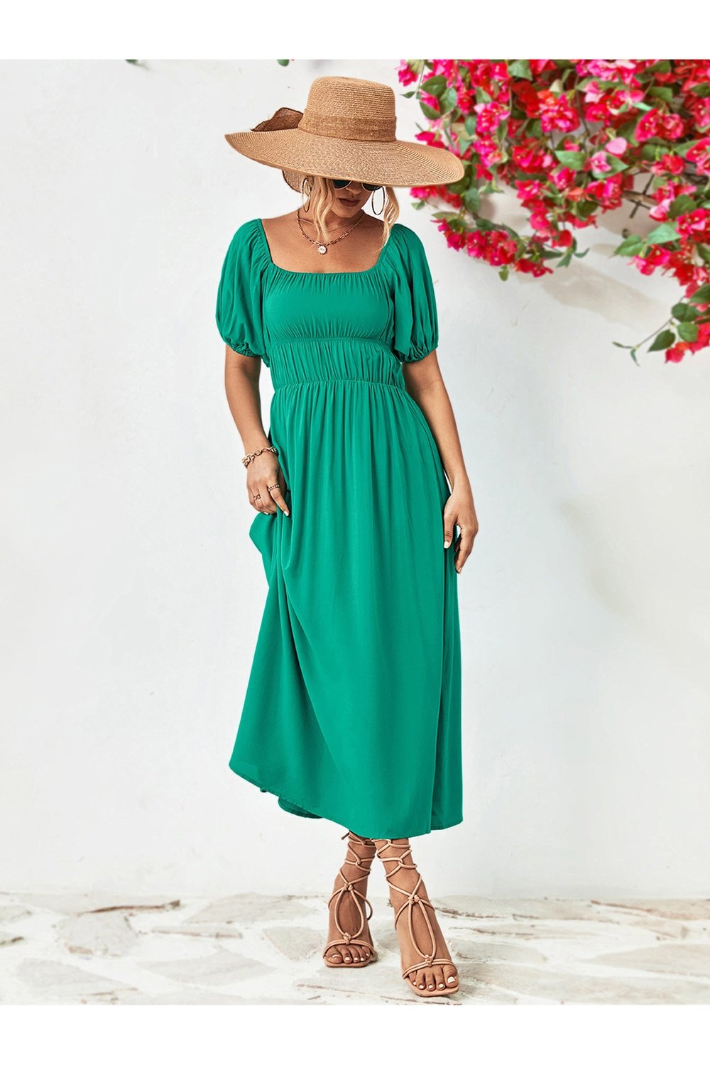 Off-Shoulder Balloon Sleeve Midi Dress