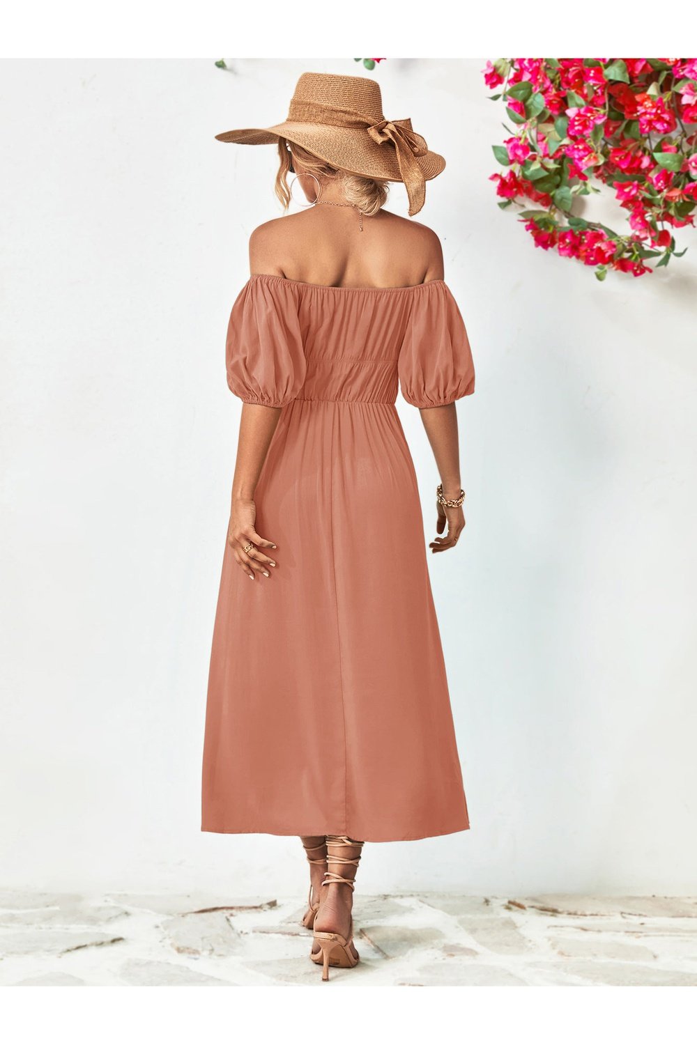 Off-Shoulder Balloon Sleeve Midi Dress