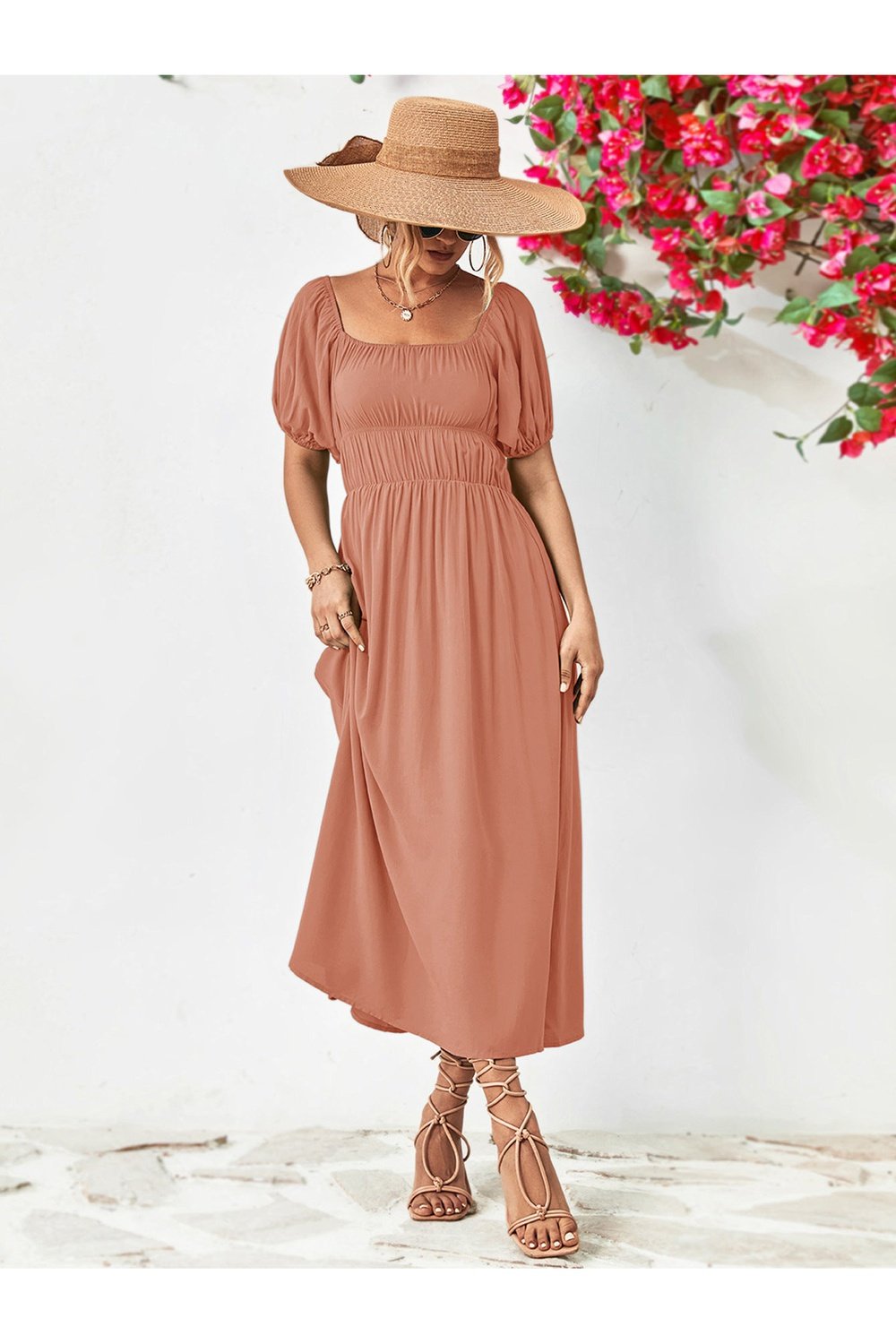 Off-Shoulder Balloon Sleeve Midi Dress