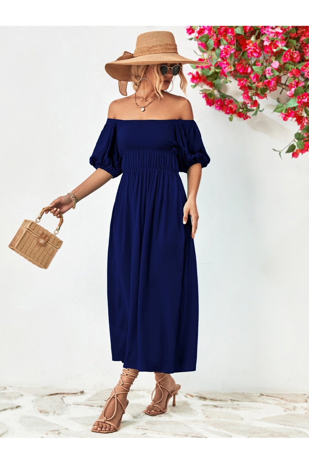 Off-Shoulder Balloon Sleeve Midi Dress