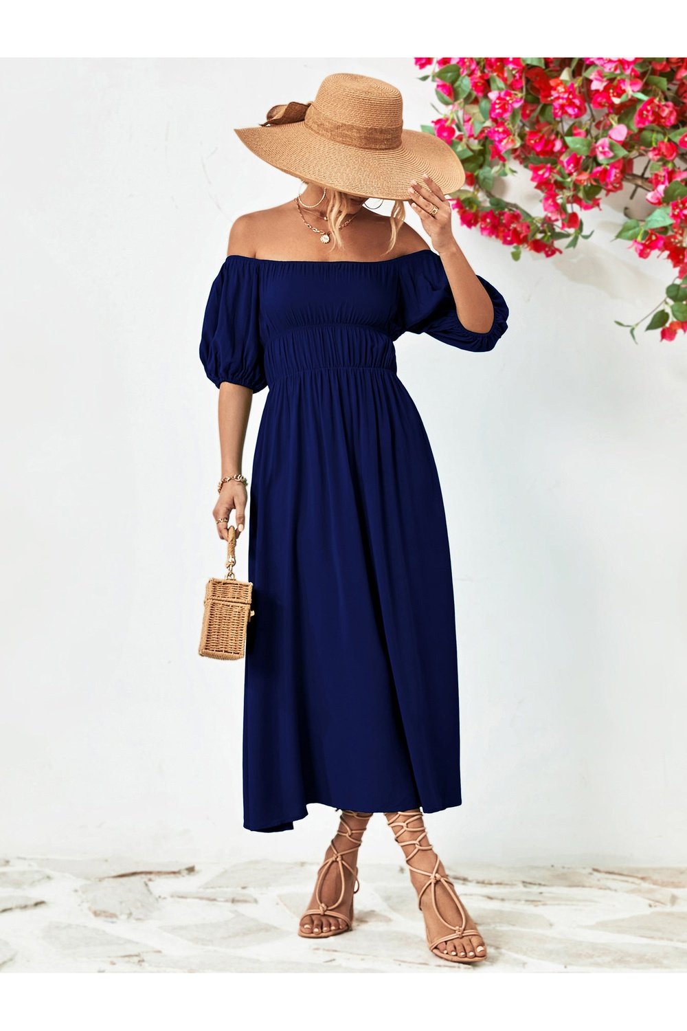 Off-Shoulder Balloon Sleeve Midi Dress